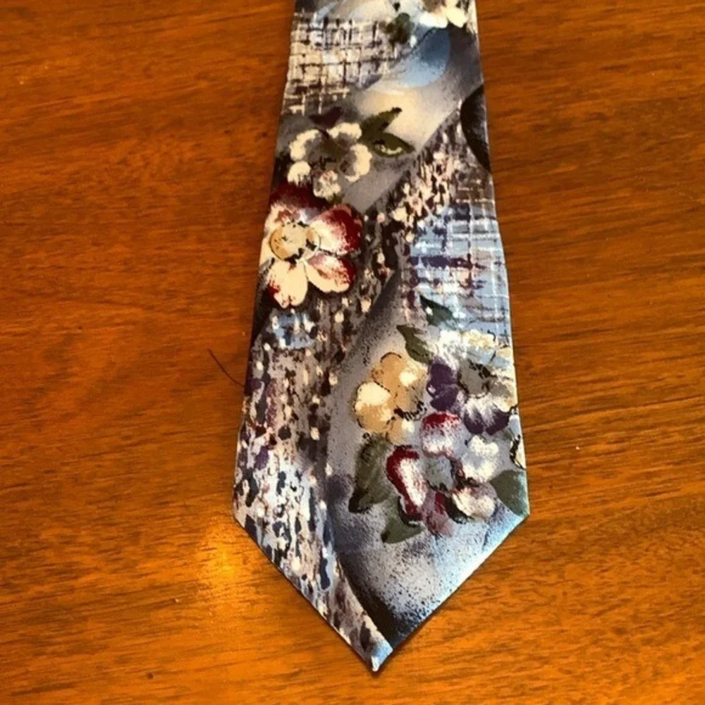 Elegant Floral Print Silk Tie in Blue & Gray W/ Watercolor Cherry Blossom Design